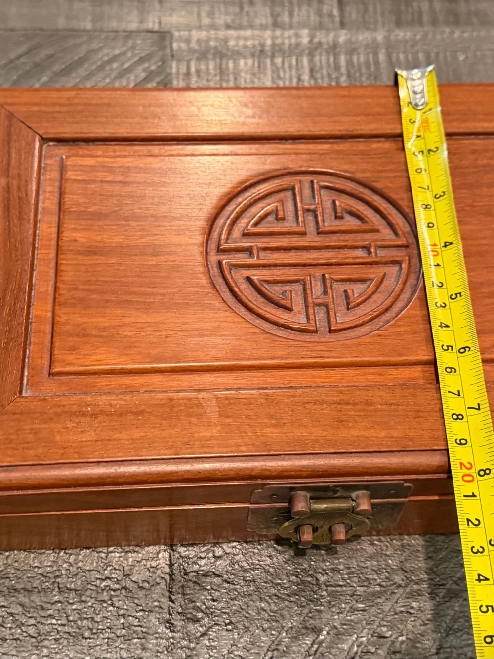 Vintage Chinese Wooden Jewelry Box Longevity Symbol Red Silk Lined Brass Clasp